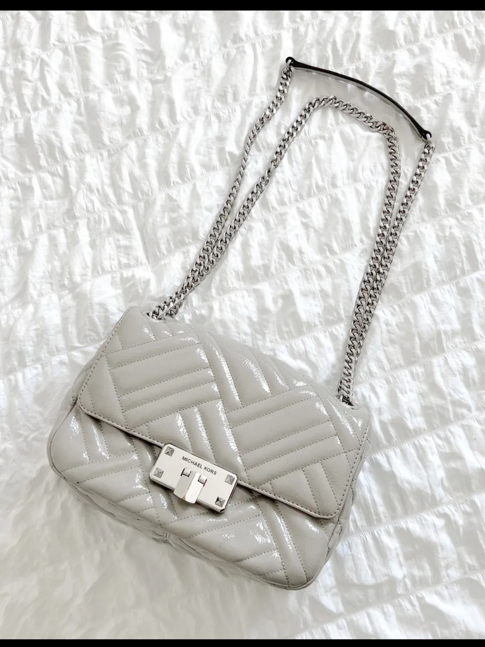 Michael Kors Quilted Patent Leather Chain Shoulder Bag in Light Gray